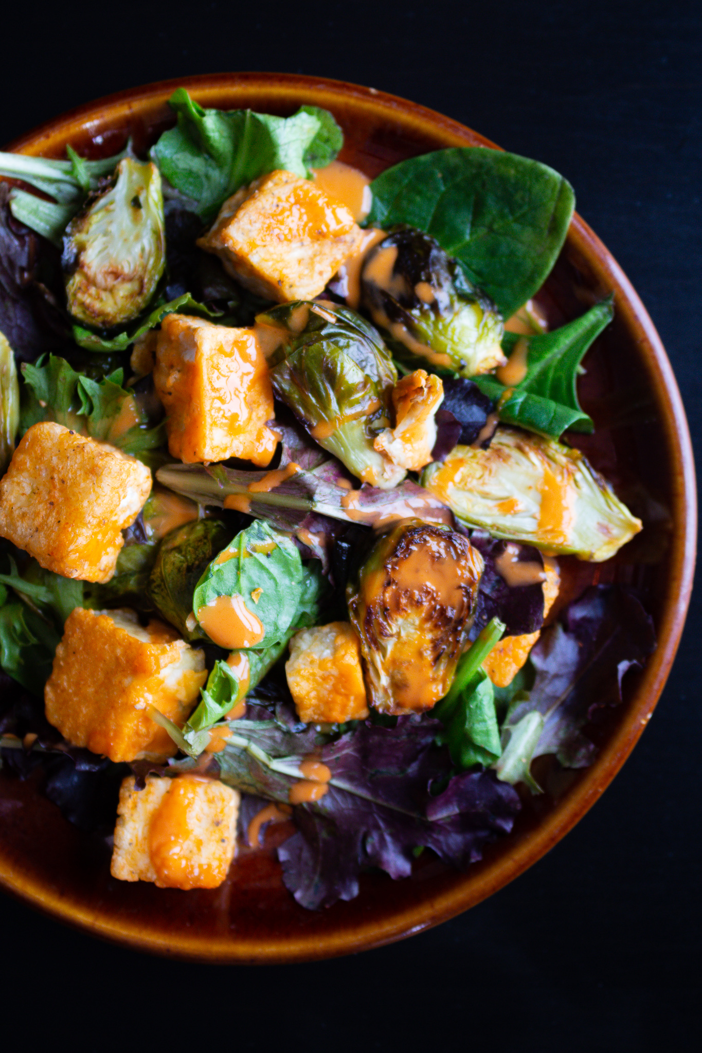 Crispy Buffalo Tofu Salad with Brussel Sprouts