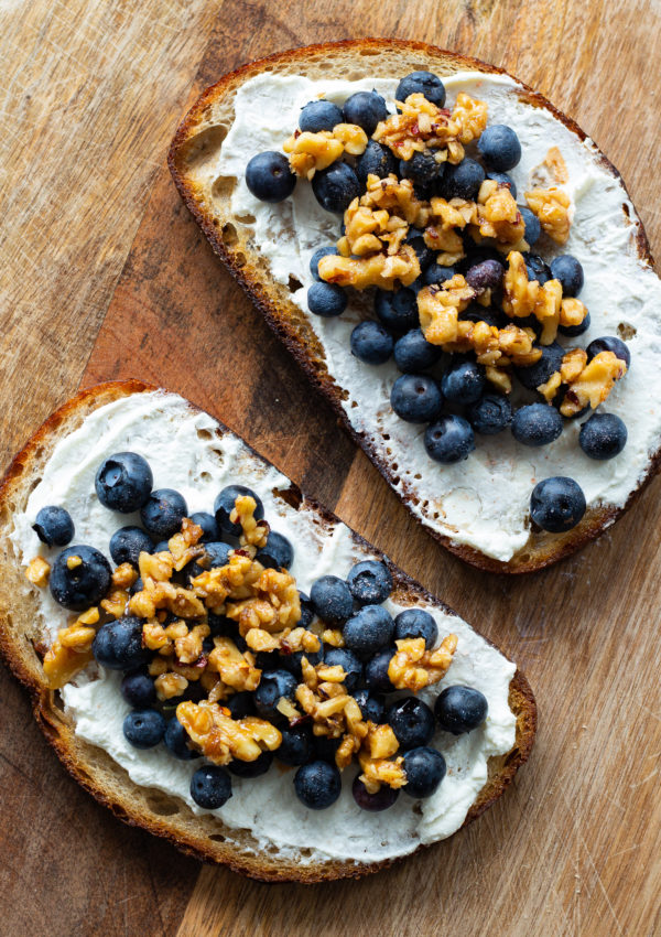Ricotta Toast with Blueberries and Hot Honey Walnuts