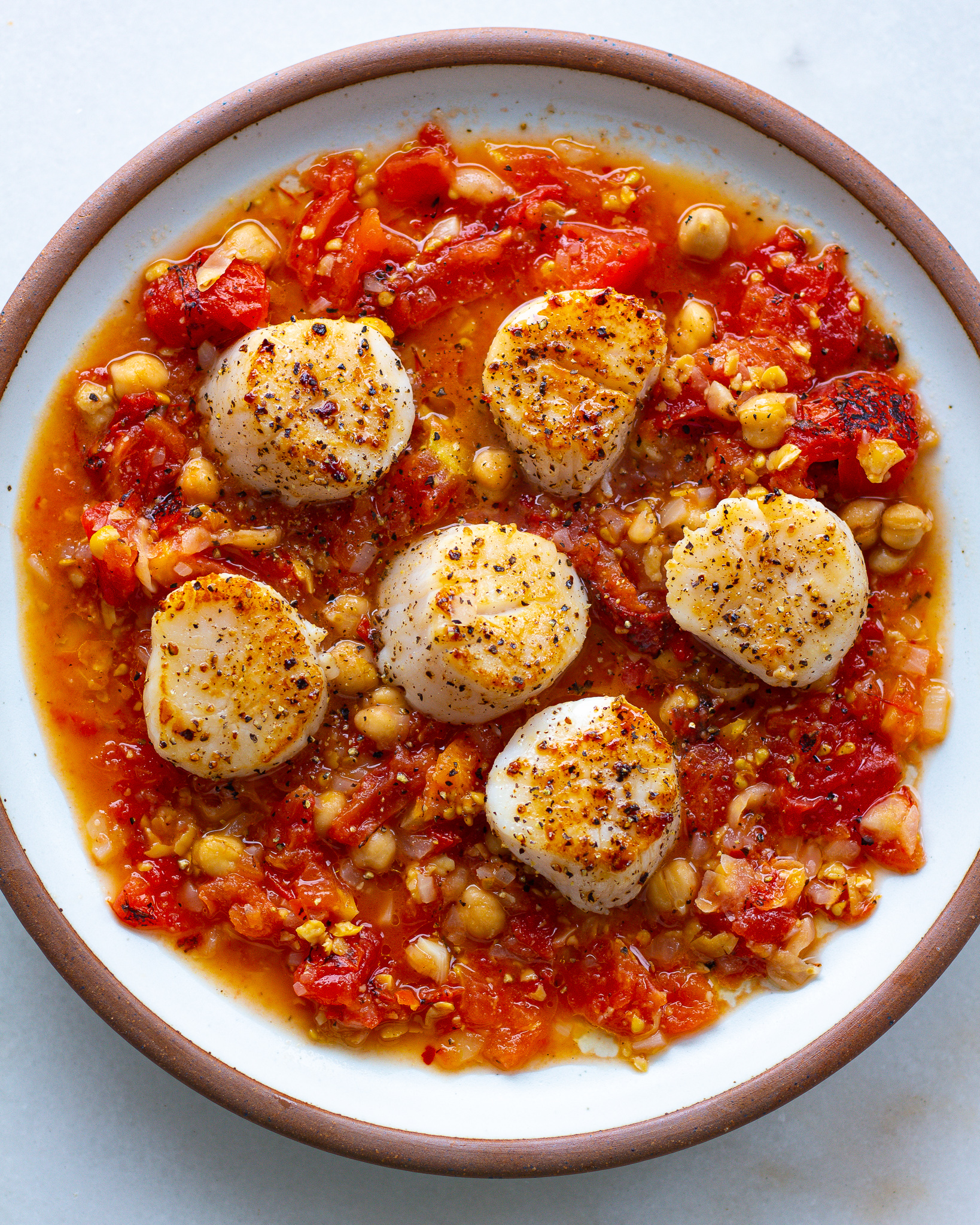 Scallops on Roasted Tomato Chickpeas