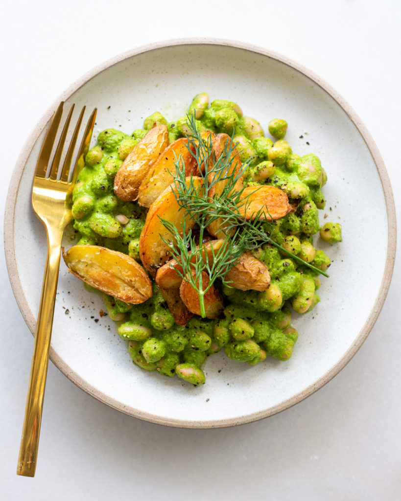 Finished Zhoug Beans with Crispy Potatoes