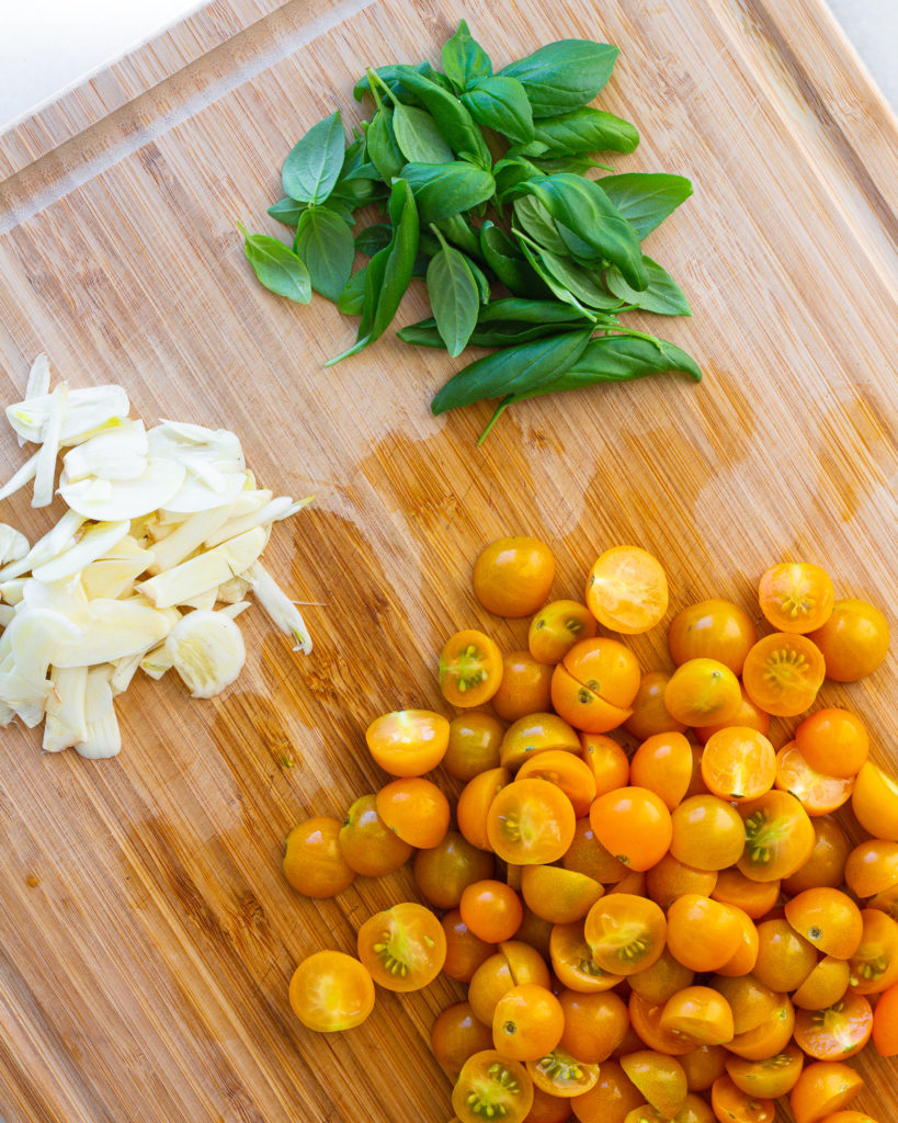 Sungold tomatoes, basil and garlic