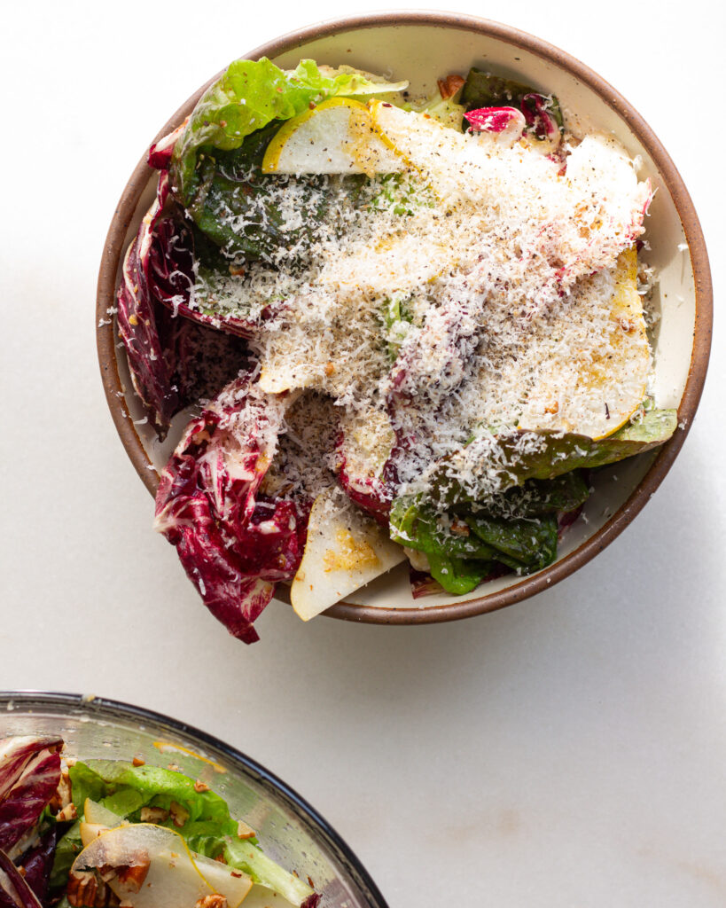 finished Chicories with Pear Vinaigrette, Parmesan & Pecans