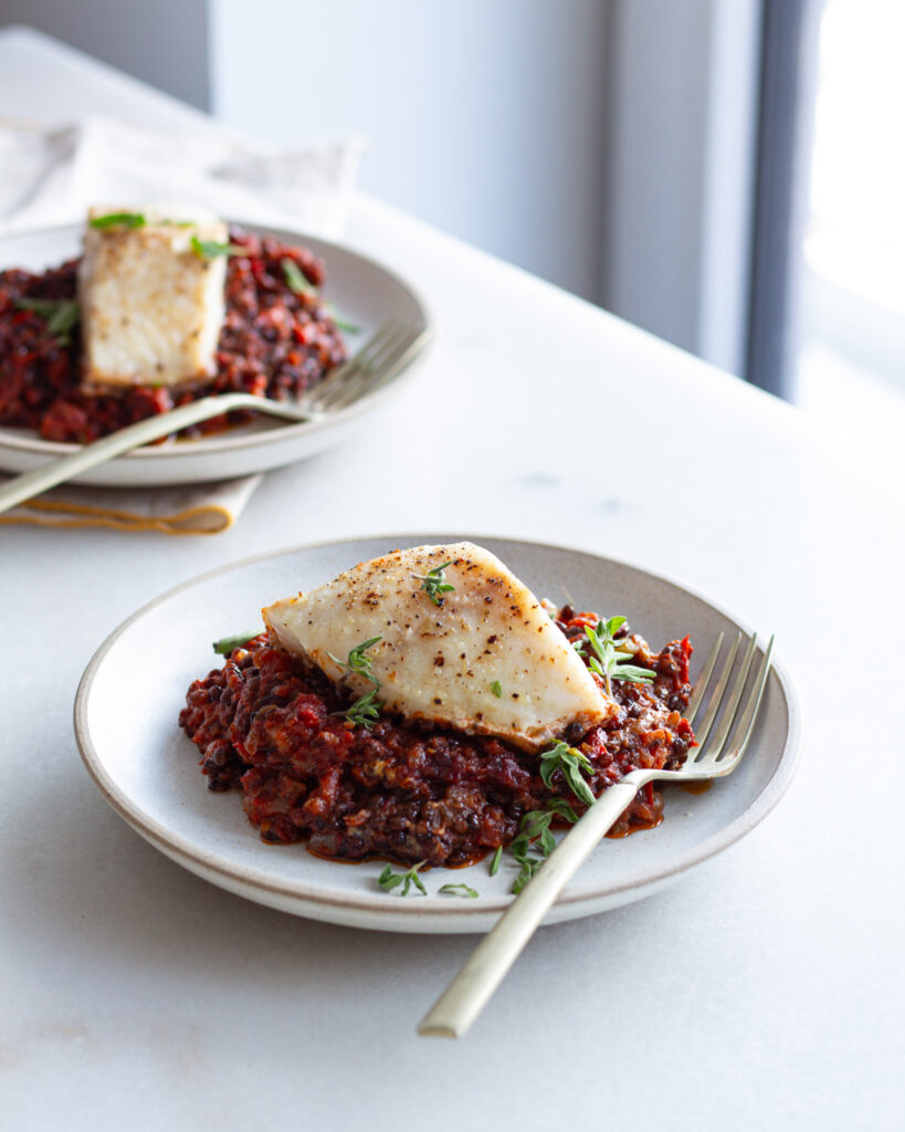 Burnt Tomato Lentils & Cod