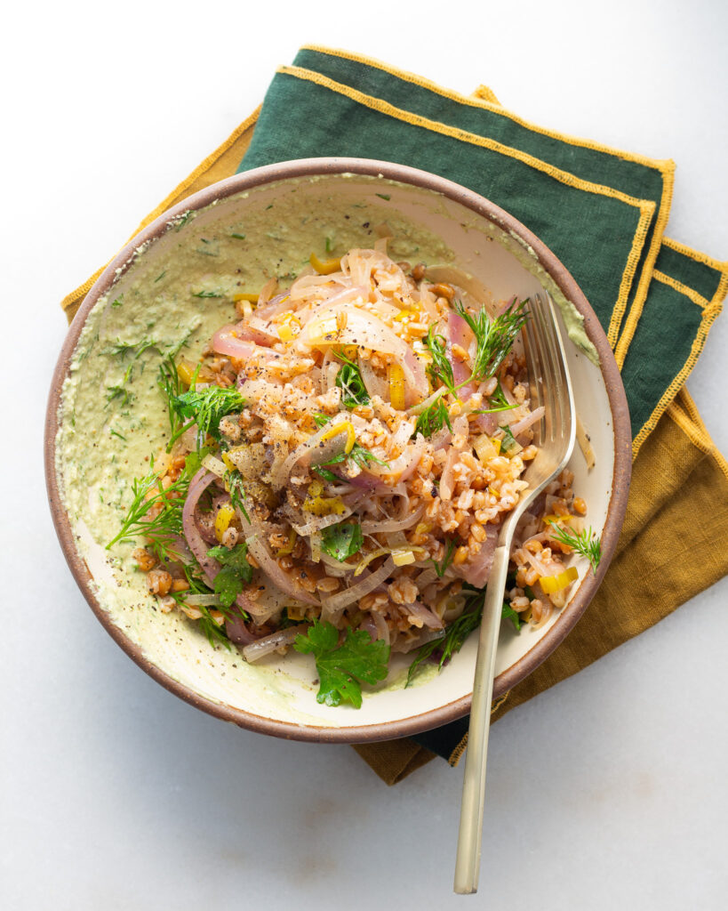 Caramelized Onion Farro with Caramelized Lemon Dressing