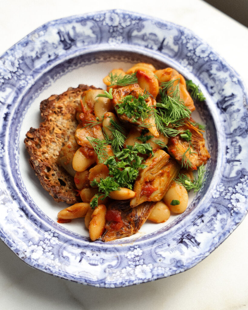 Stewed Harissa Artichokes and Beans